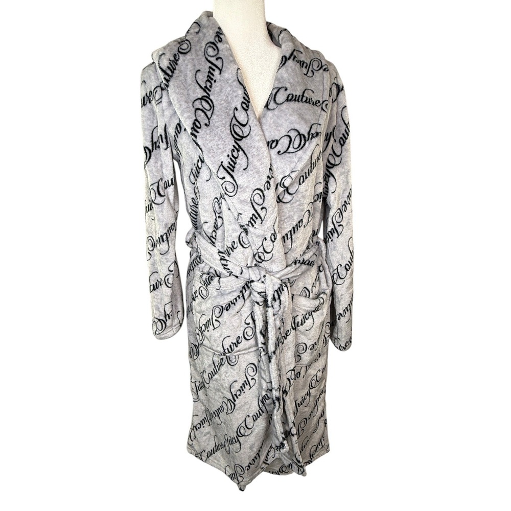 Juicy Couture Heather Gray Script Plush Robe L/XL Logo Print Sleepwear NWT